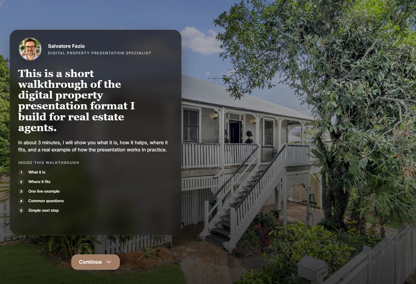 Real estate service walkthrough shown as a guided mobile follow-up experience.